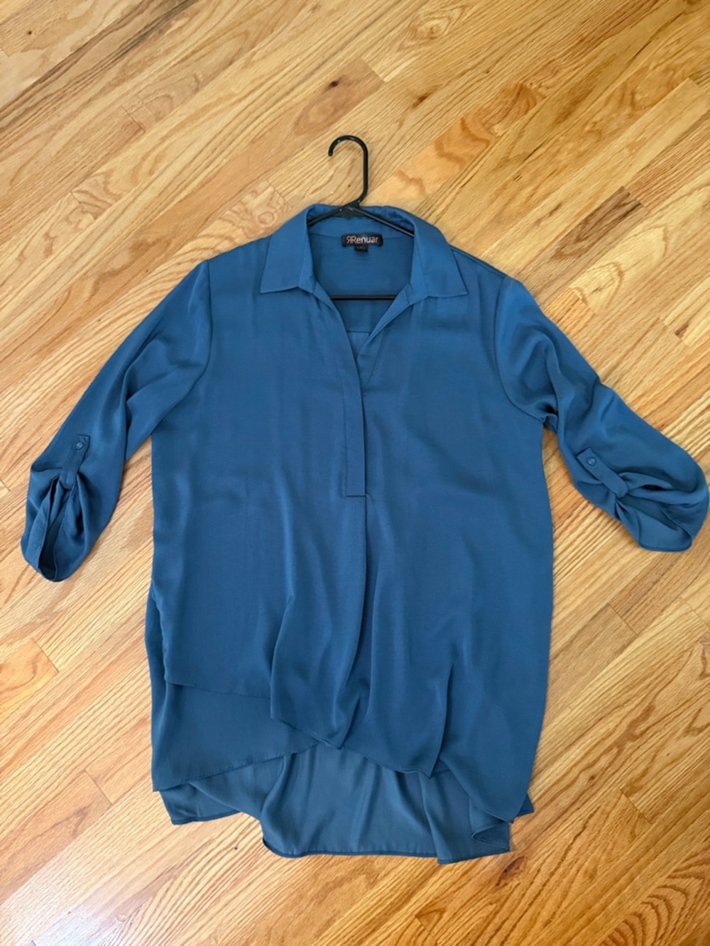 Renuar Teal Roll-Sleeve Tunic Blouse